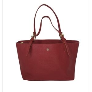 Tory Burch Buckle Tote Bag Purse Red Saffiano Leather